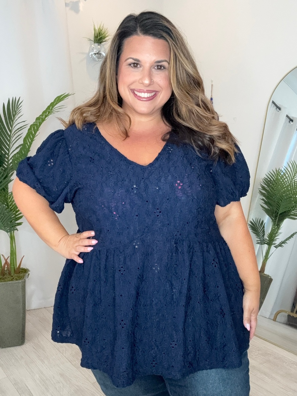 Plus Navy Eyelet Peplum Tunic - V-Neck Puff Sleeve